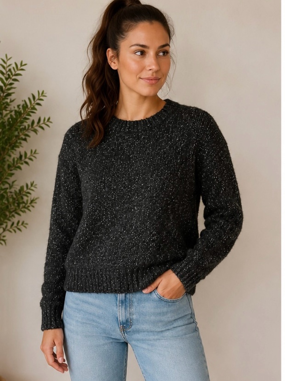 GAP Black Silver Fleck Knit Sweater Women’s SP Cozy Crewneck Pullover